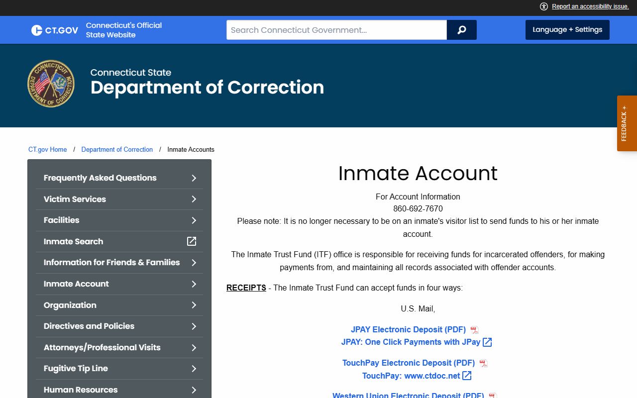 CT DOC inmate account and deposit information for Hartford Correctional Center