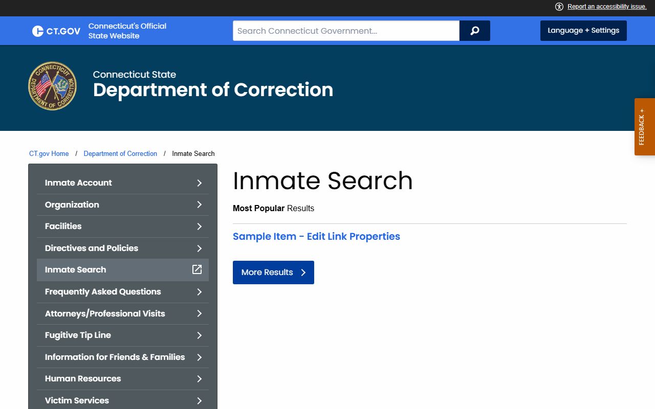 CT DOC inmate search service page used for New Britain County inmate lookups