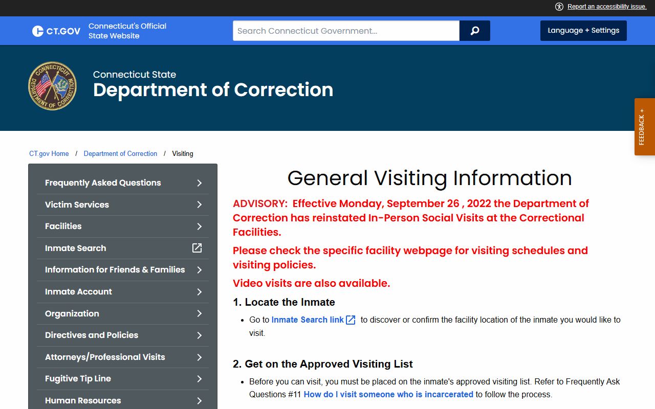 CT DOC statewide visiting rules for Hartford Correctional Center inmates