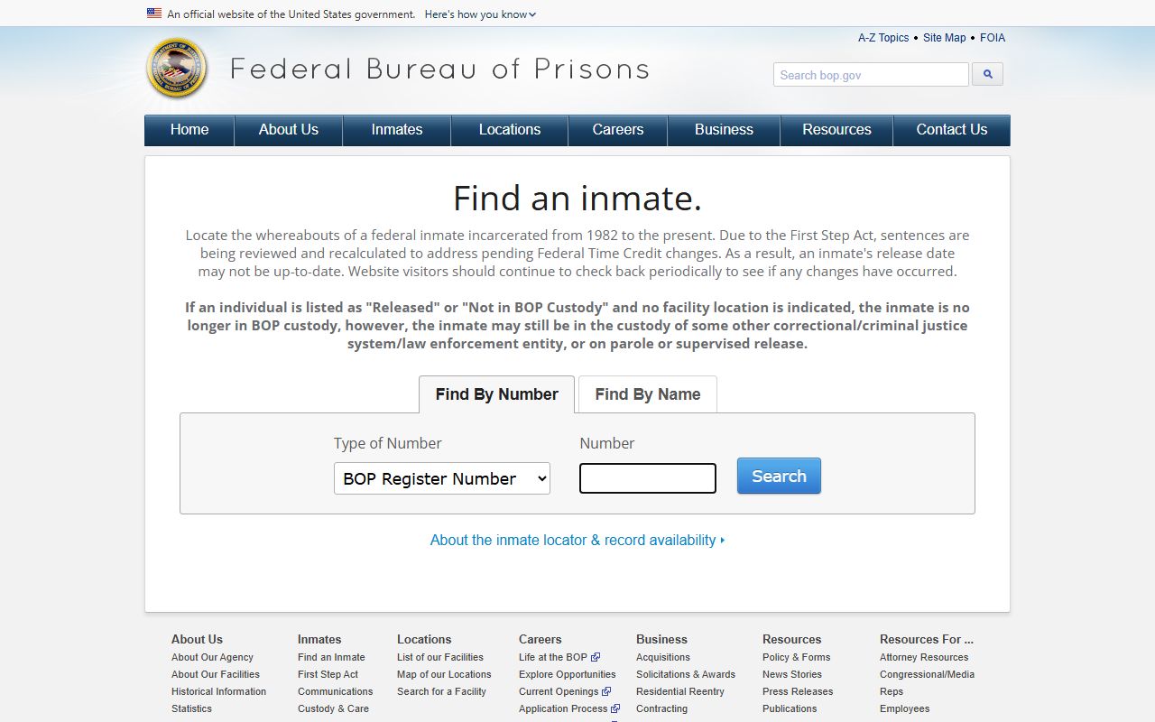 Federal Bureau of Prisons inmate locator for federal cases outside New Britain County custody