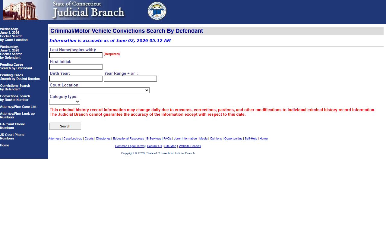 Judicial Branch criminal defendant search form for New Britain County arrest cases