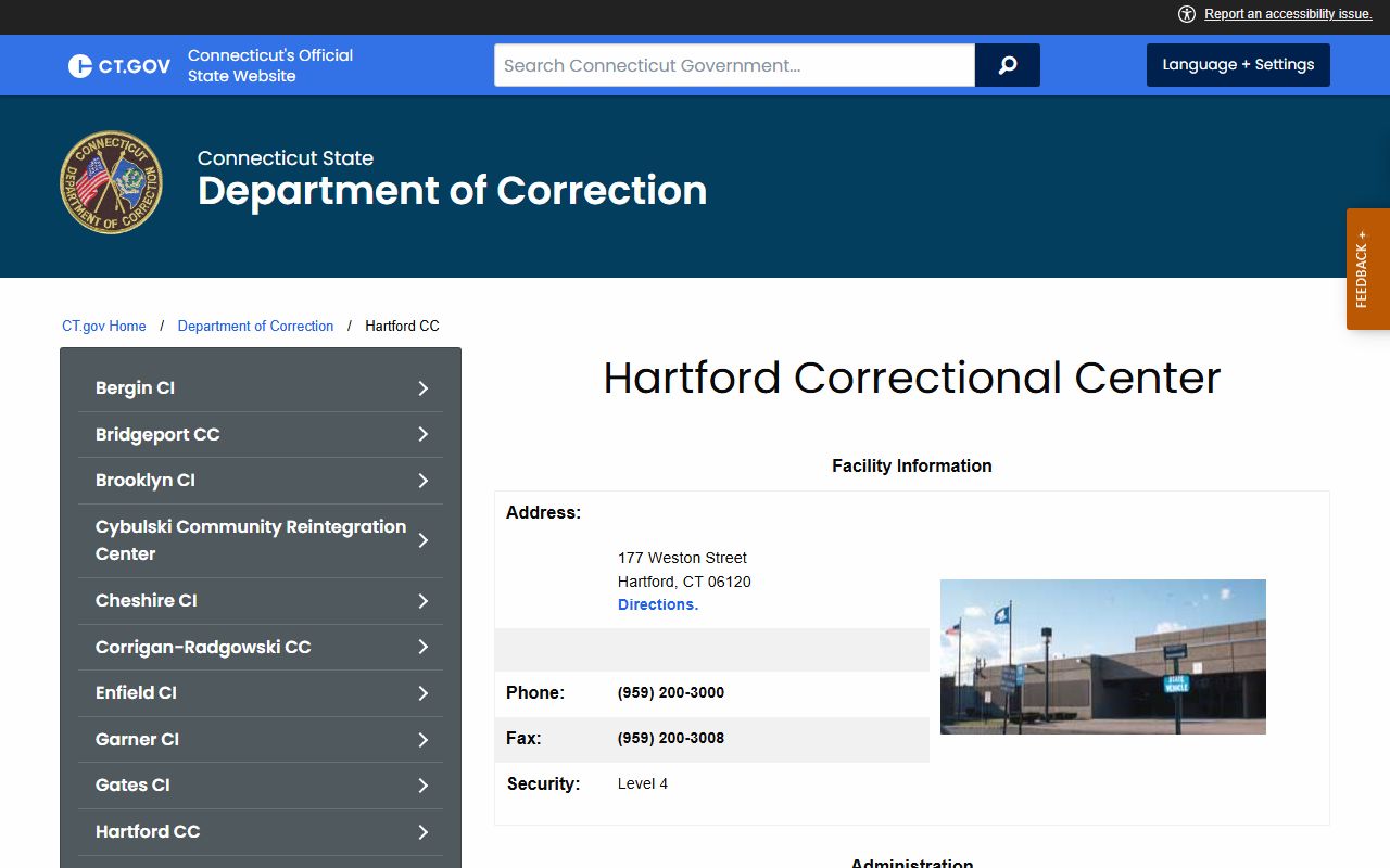 Official CT DOC page for Hartford Correctional Center serving New Britain County courts