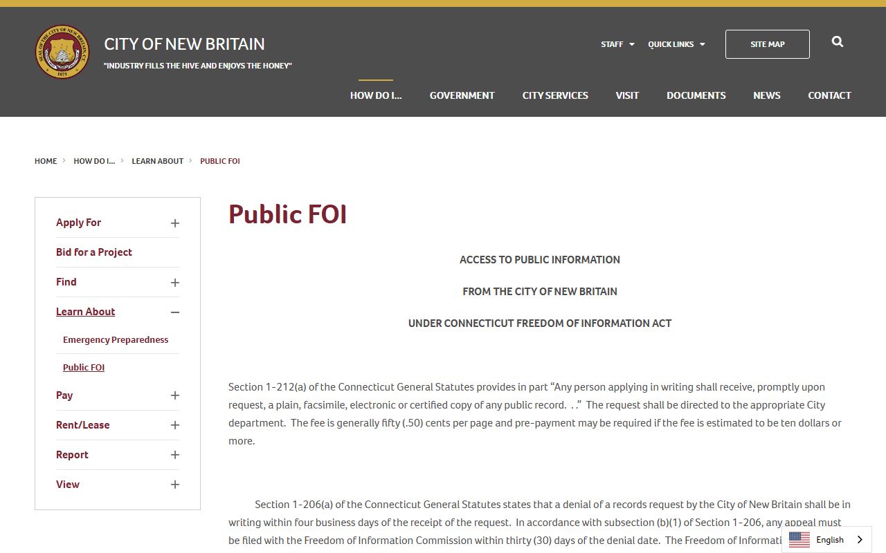 City of New Britain FOI instructions for requesting New Britain County arrest records and booking photos