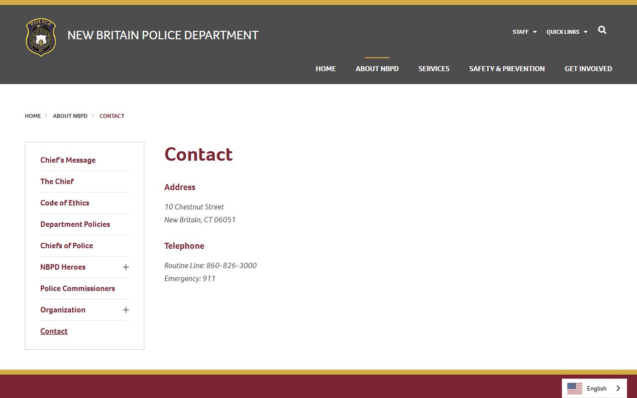 New Britain Police Department contact page with the headquarters address and phone for holding and records questions