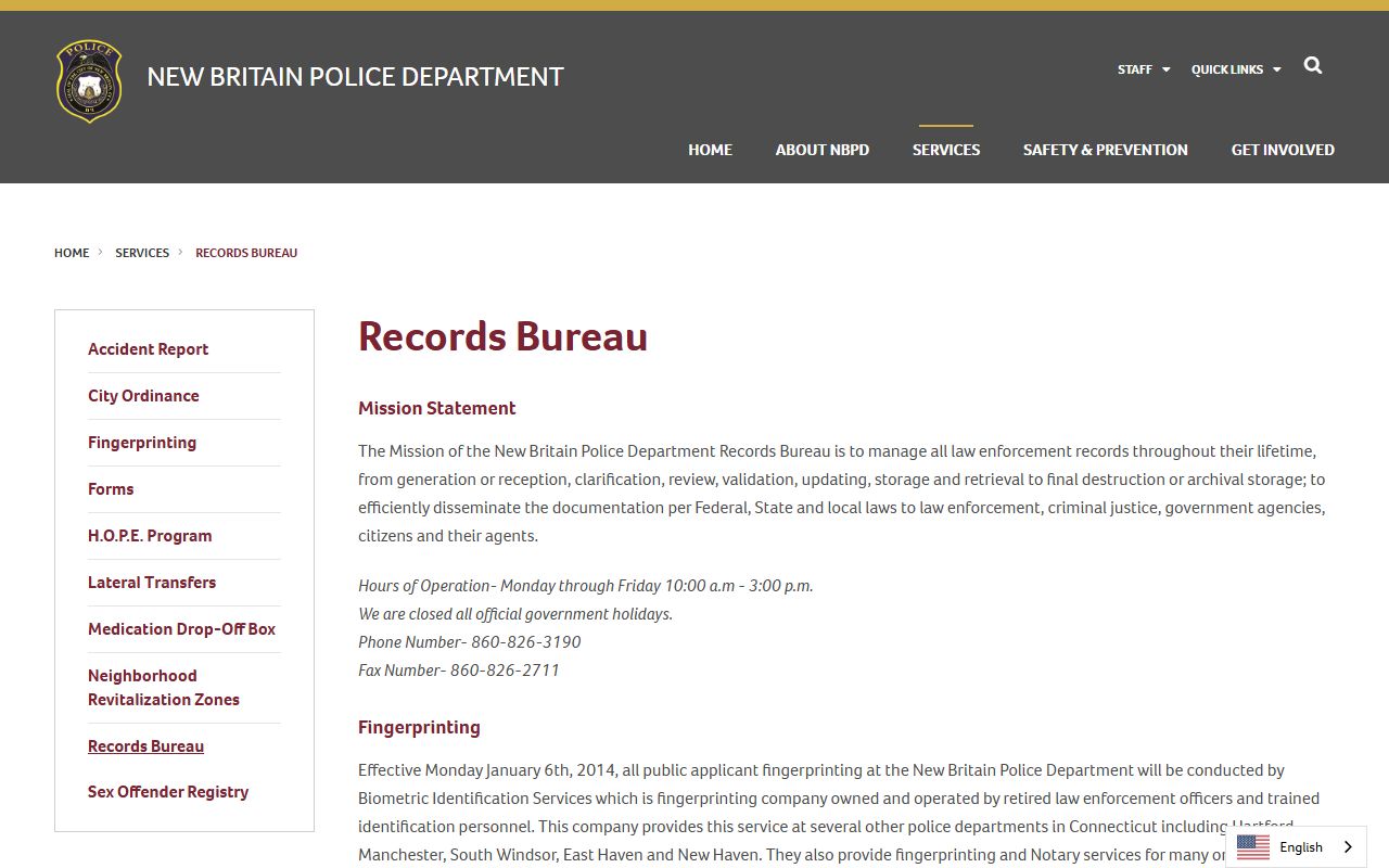 New Britain Police Records Bureau page with fees and hours for arrest record and booking photo requests